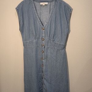 LOFT Light Blue Sleeveless Denim Linen,lyocell, Poly Blend Button-Front Dress